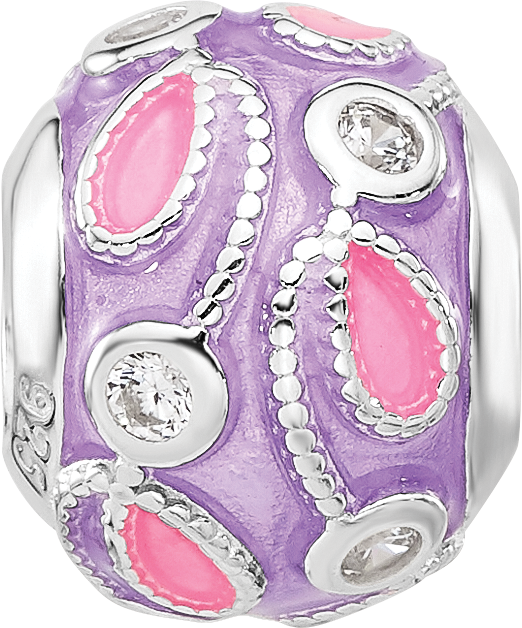 Sterling Silver Reflections RH-plated Purple Enameled and CZ Bead