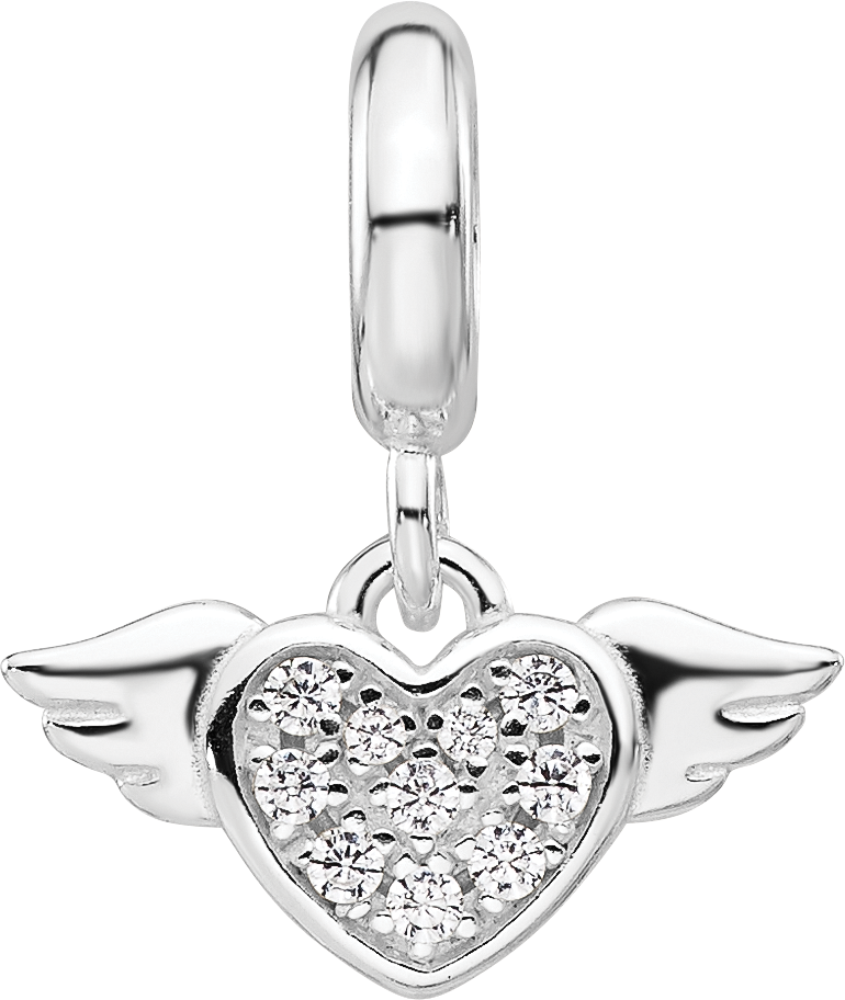 Sterling Silver Reflections Rh-plated CZ Heart with Wings Dangle Bead