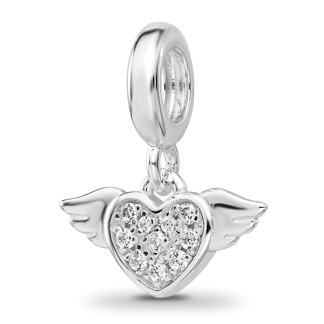 Sterling Silver Reflections Rh-plated CZ Heart with Wings Dangle Bead