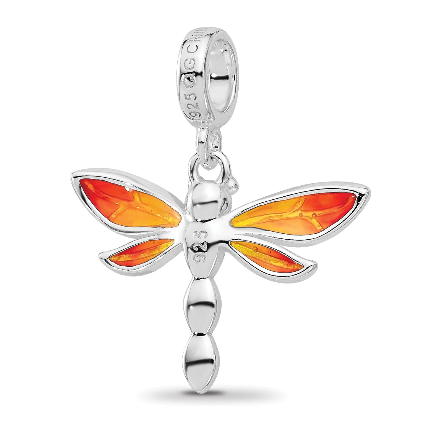 Sterling Silver Reflections Rh-plated Enamel Dragonfly Dangle Bead