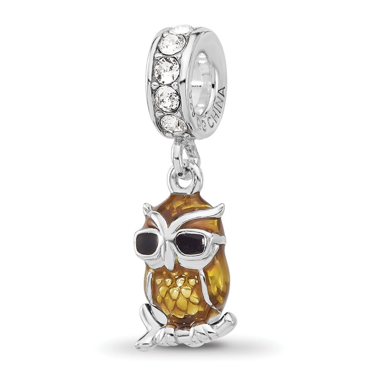 SS Reflections Rhodium-plated Crystal Enameled Owl Dangle Bead