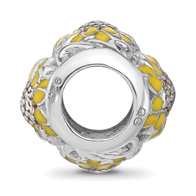 Sterling Silver Reflections Rhodium-plated Enameled Sunflowers Bead