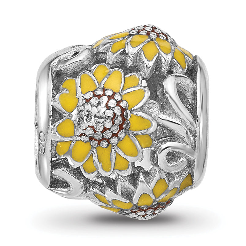 Sterling Silver Reflections Rhodium-plated Enameled Sunflowers Bead