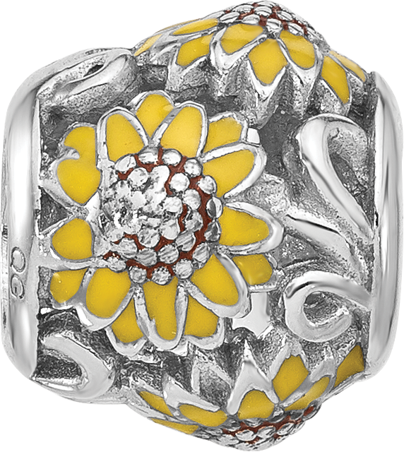 Sterling Silver Reflections Rhodium-plated Enameled Sunflowers Bead