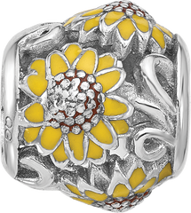 Sterling Silver Reflections Rhodium-plated Enameled Sunflowers Bead