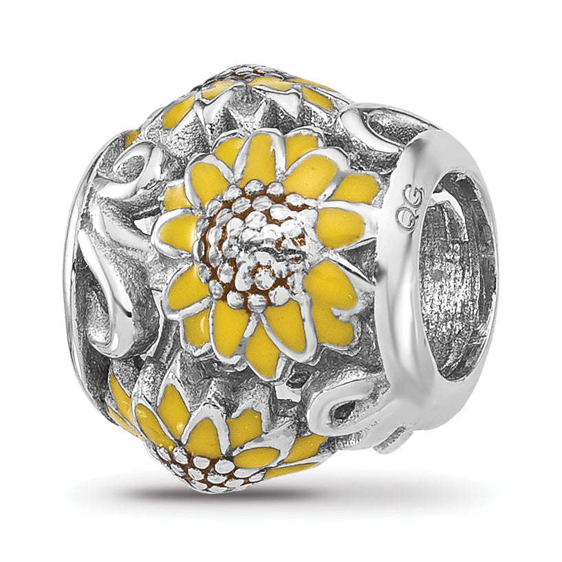 Sterling Silver Reflections Rhodium-plated Enameled Sunflowers Bead