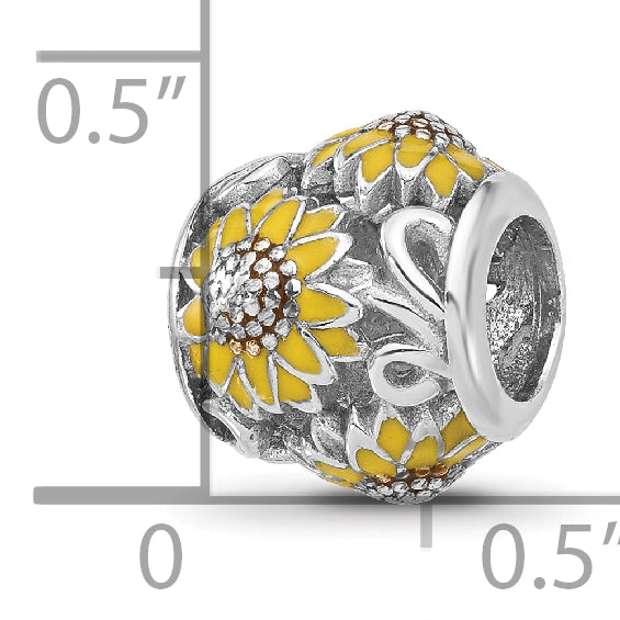 Sterling Silver Reflections Rhodium-plated Enameled Sunflowers Bead