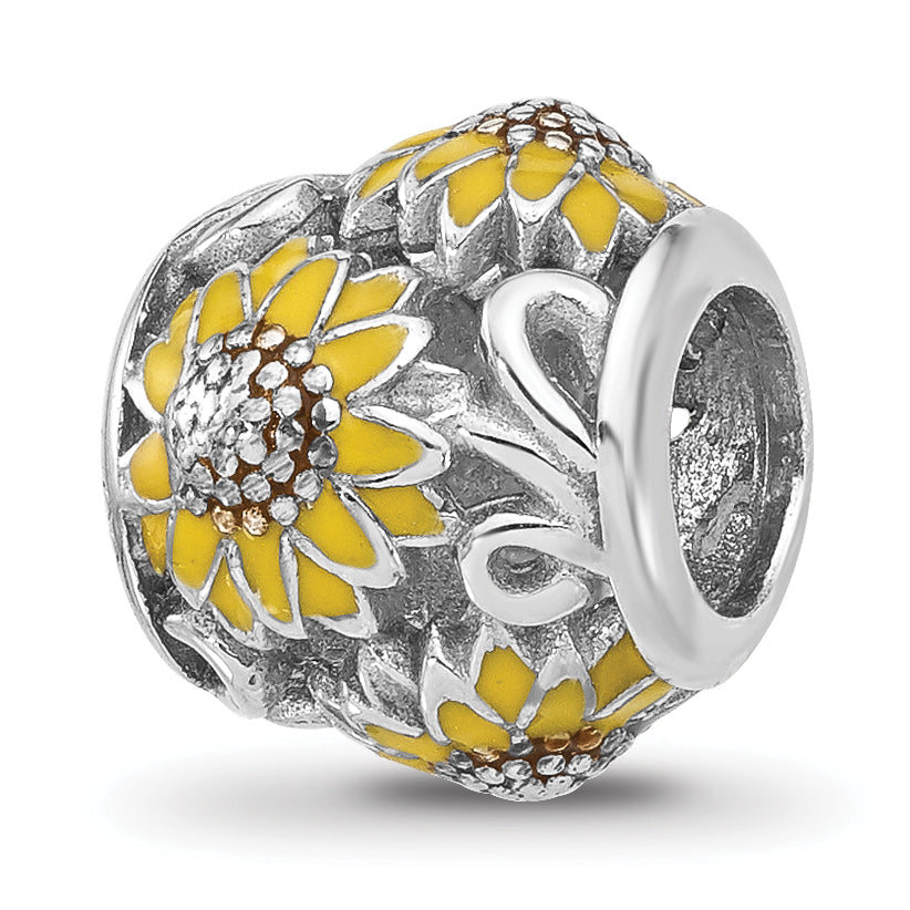 Sterling Silver Reflections Rhodium-plated Enameled Sunflowers Bead