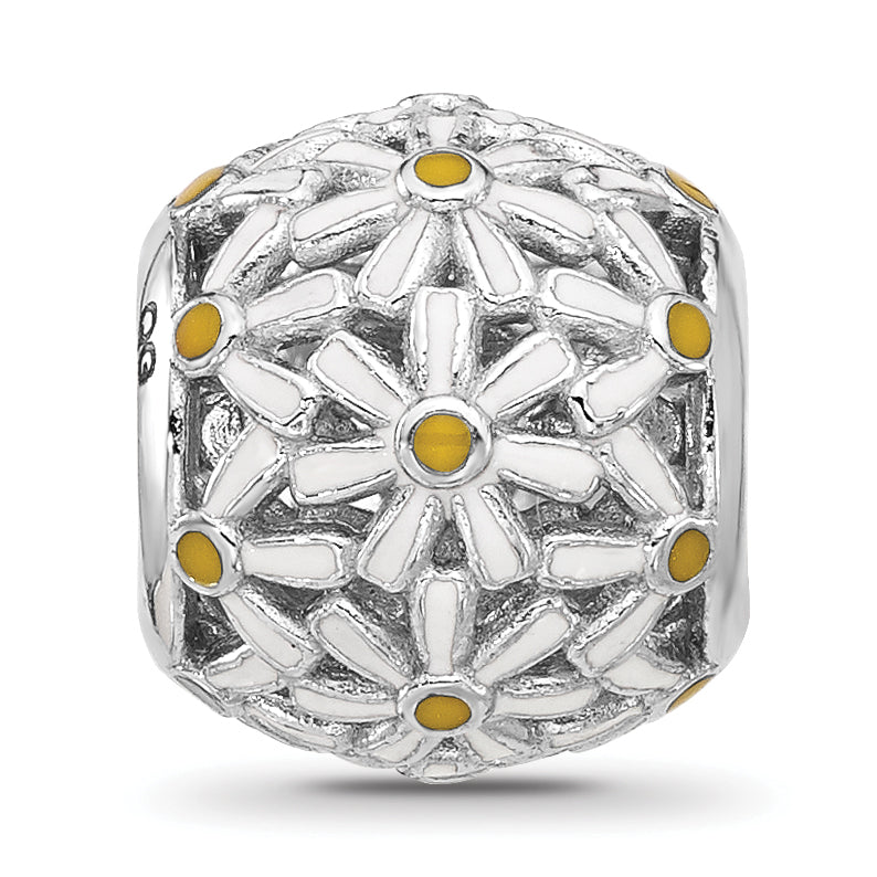 Sterling Silver Reflections Rhodium-plated Enameled Daisys Bead