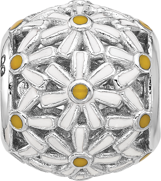 Sterling Silver Reflections Rhodium-plated Enameled Daisys Bead