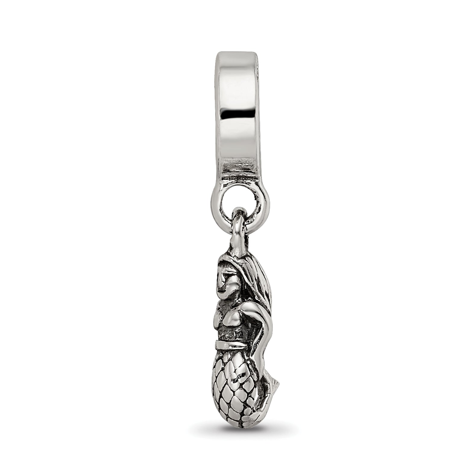 Sterling Silver 925 Mermaid Dangle Bead with Antiqued Finish Solid Cast Design