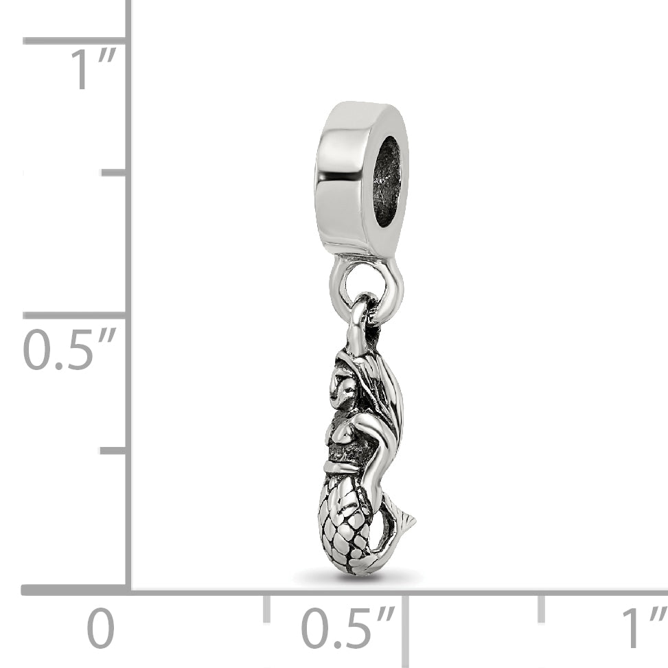 Sterling Silver 925 Mermaid Dangle Bead with Antiqued Finish Solid Cast Design