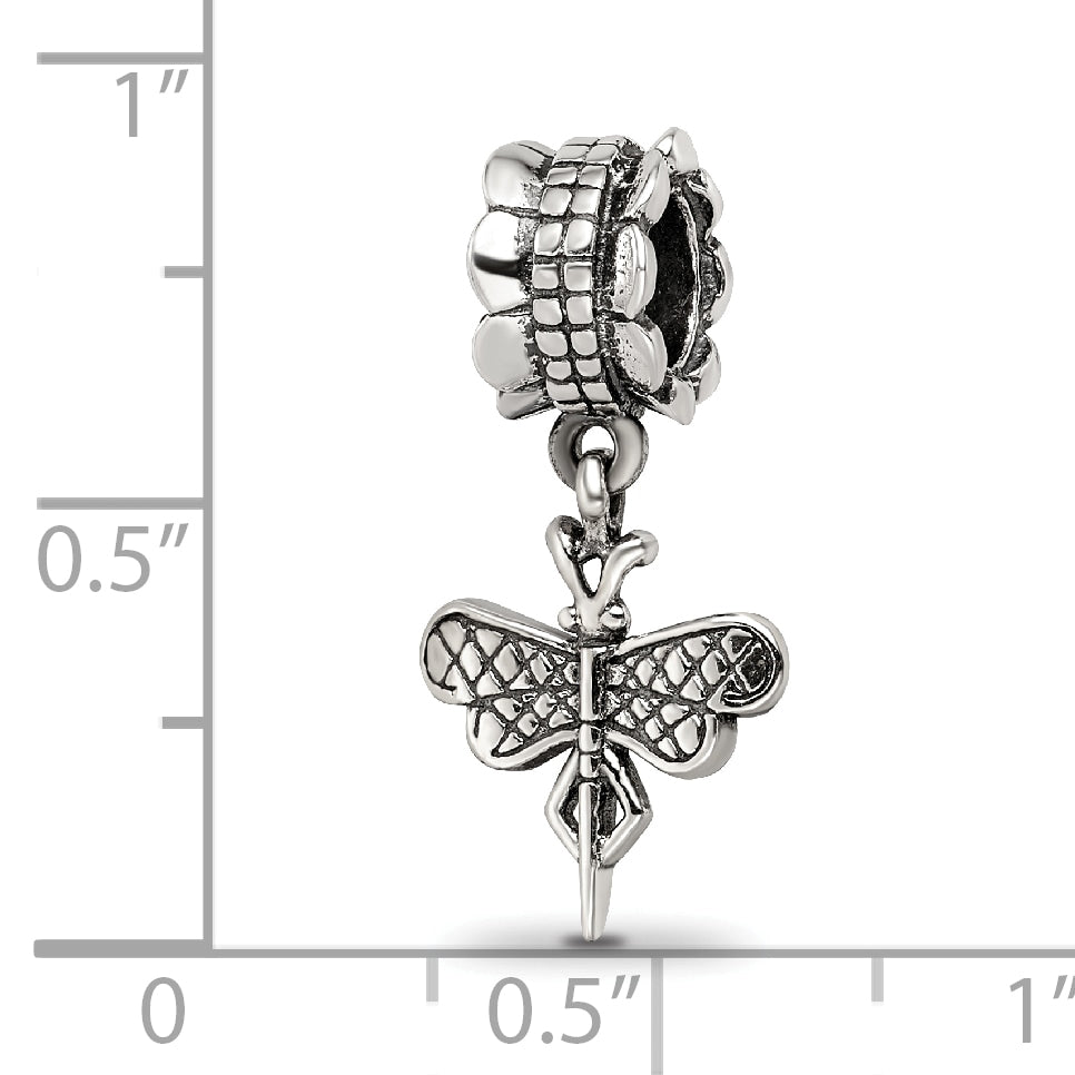 Sterling Silver 925 Dragonfly Dangle Bead with Antiqued Finish Elegant Charm