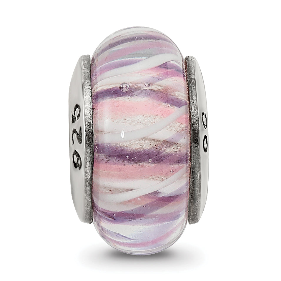 Sterling Silver Hand-Blown Rose Striped Glass Bead with Antiqued Finish