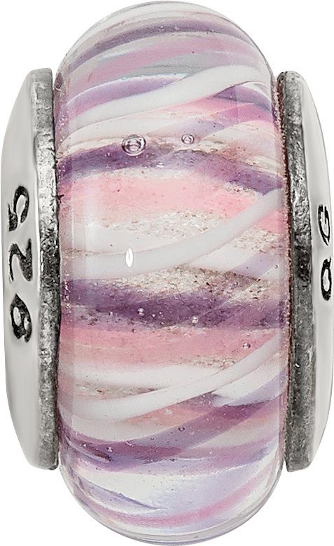 Sterling Silver Hand-Blown Rose Striped Glass Bead with Antiqued Finish