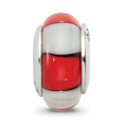 Sterling Silver Hand-blown Glass Bead with Red/White Design, Antiqued Finish