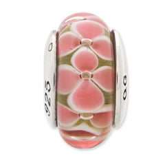 Sterling Silver 925 Pink Floral Hand-Blown Glass Bead with Antiqued Finish