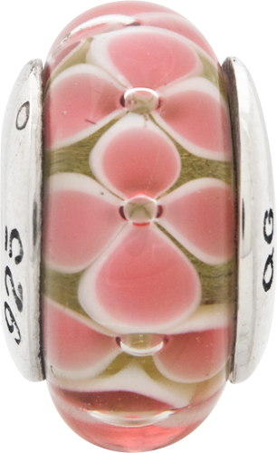 Sterling Silver 925 Pink Floral Hand-Blown Glass Bead with Antiqued Finish