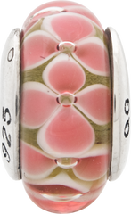 Sterling Silver 925 Pink Floral Hand-Blown Glass Bead with Antiqued Finish