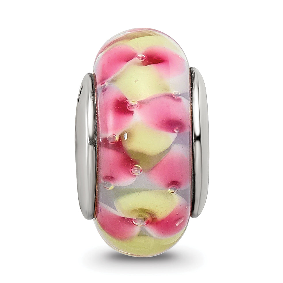 Sterling Silver Hand-Blown Pink/Yellow Glass Bead with Antiqued Finish