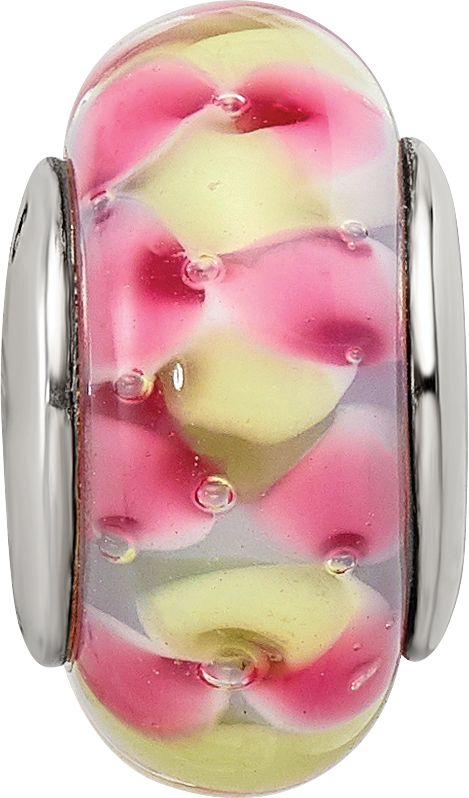 Sterling Silver Hand-Blown Pink/Yellow Glass Bead with Antiqued Finish