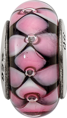 Sterling Silver 925 Hand-Blown Glass Bead with Black and Pink Details