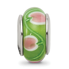 Sterling Silver 925 Hand-Blown Glass Bead in Green/Pink Antiqued Finish