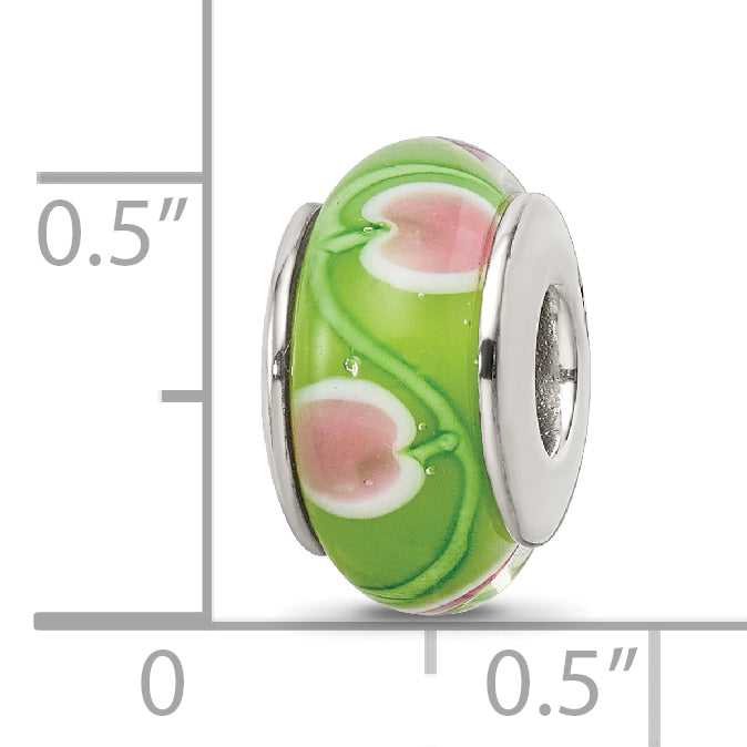 Sterling Silver 925 Hand-Blown Glass Bead in Green/Pink Antiqued Finish