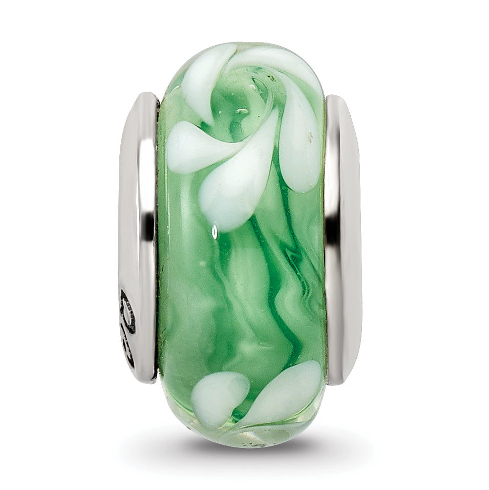 Sterling Silver Reflections Green/White Hand-blown Glass Bead