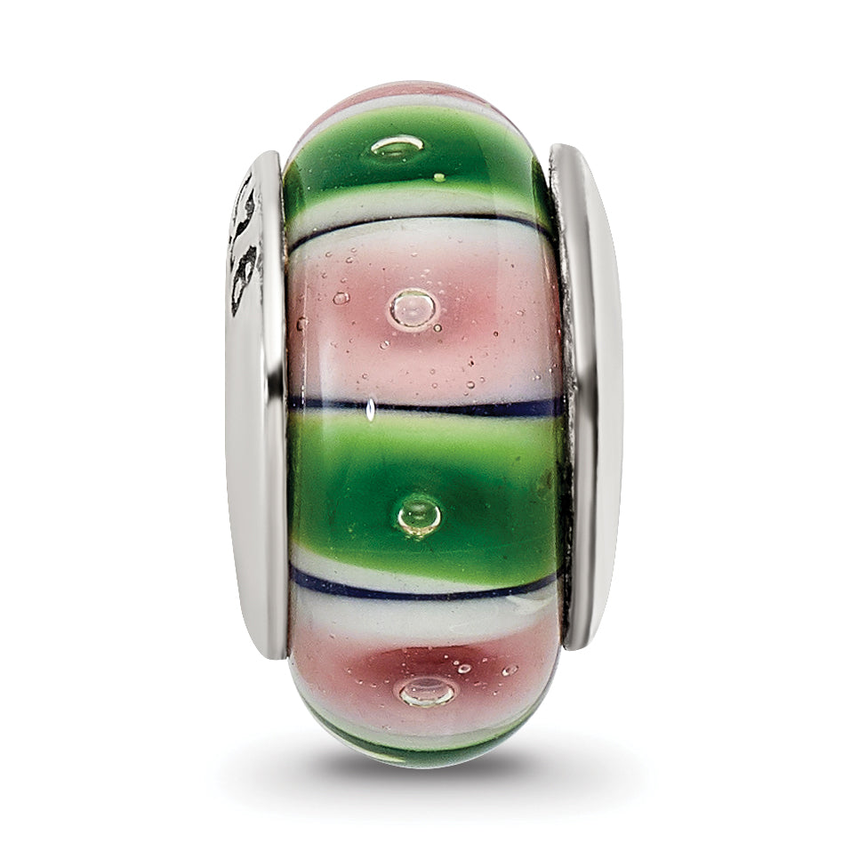 Sterling Silver Reflections Green/Pink Hand-blown Glass Bead