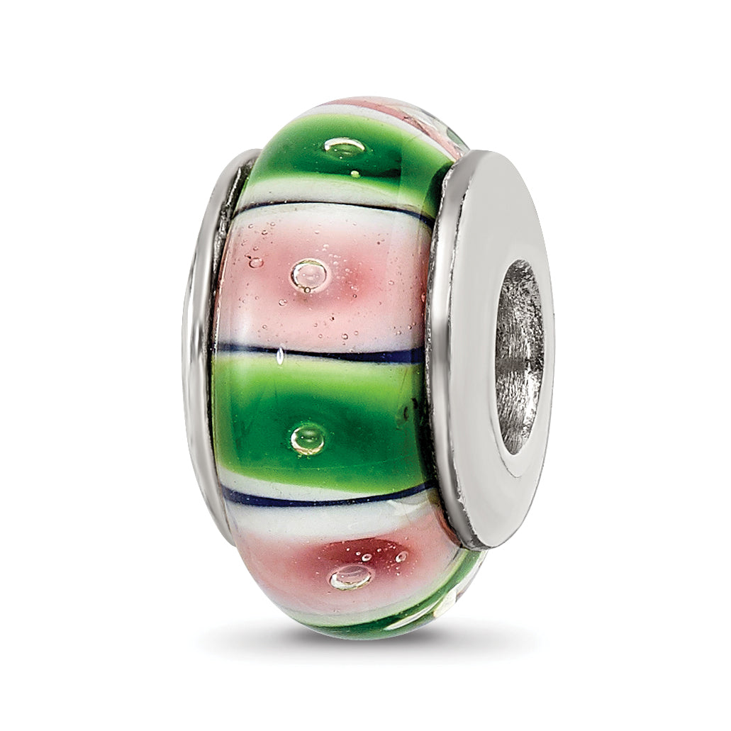 Sterling Silver Reflections Green/Pink Hand-blown Glass Bead