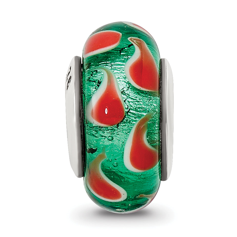 Sterling Silver 925 Hand-Blown Green/Red Glass Bead with Antiqued Finish