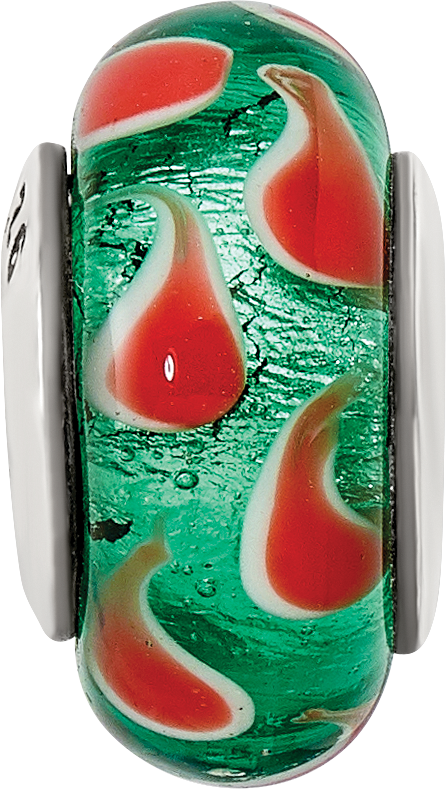 Sterling Silver 925 Hand-Blown Green/Red Glass Bead with Antiqued Finish