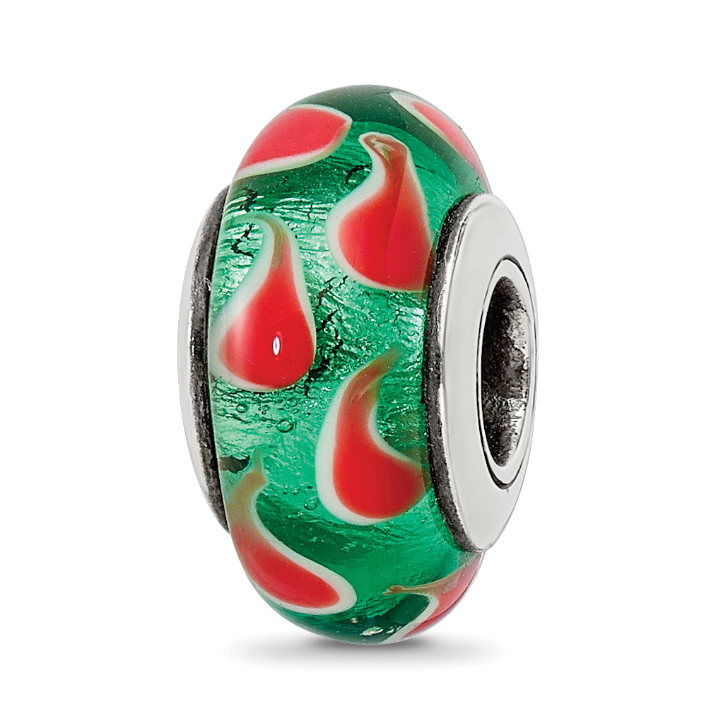 Sterling Silver Reflections Green/Red Hand-blown Glass Bead