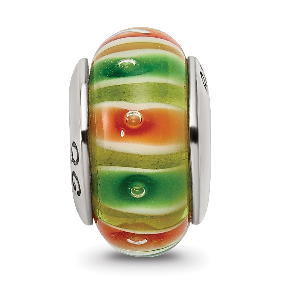 Sterling Silver Reflections Green/Orange Hand-blown Glass Bead