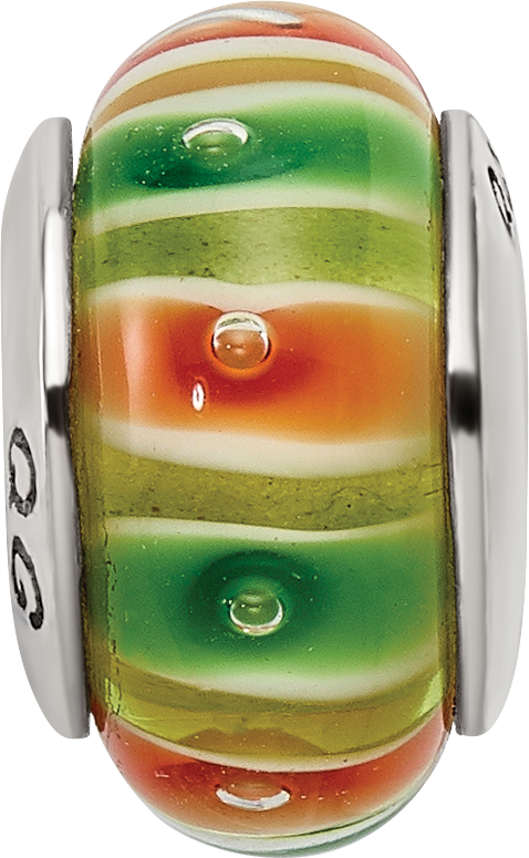 Sterling Silver 925 Hand-blown Glass Bead with Green-Orange Design