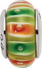 Sterling Silver 925 Hand-blown Glass Bead with Green-Orange Design