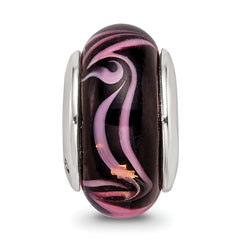 Sterling Silver Hand-Blown Glass Bead with Black/Pink Design and Antiqued Finish