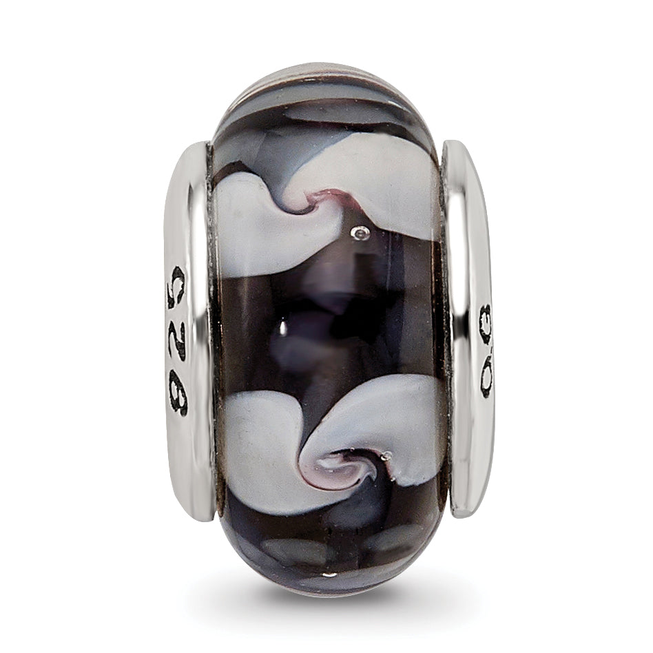 Sterling Silver Reflections Black/White Hand-blown Glass Bead