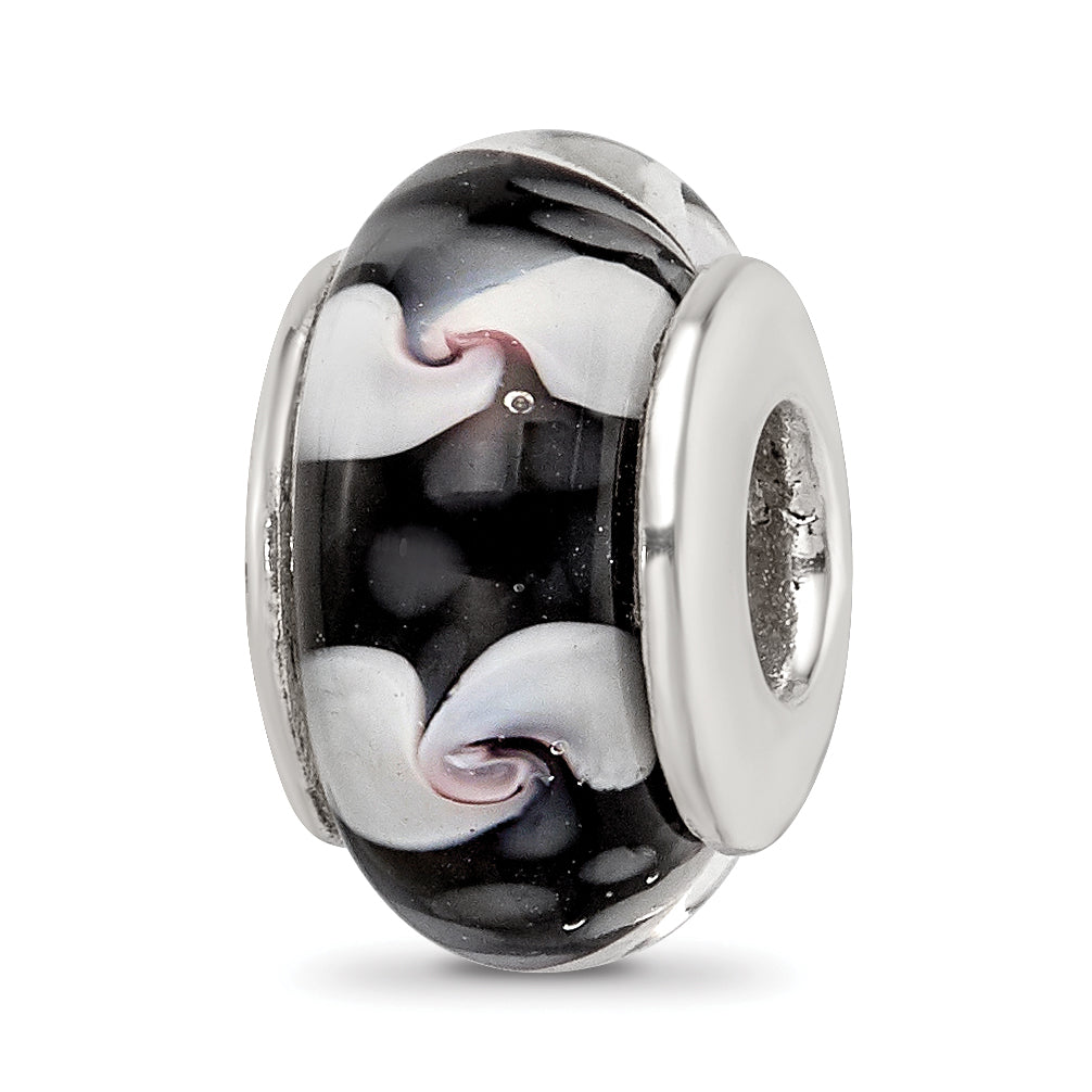 Sterling Silver Reflections Black/White Hand-blown Glass Bead