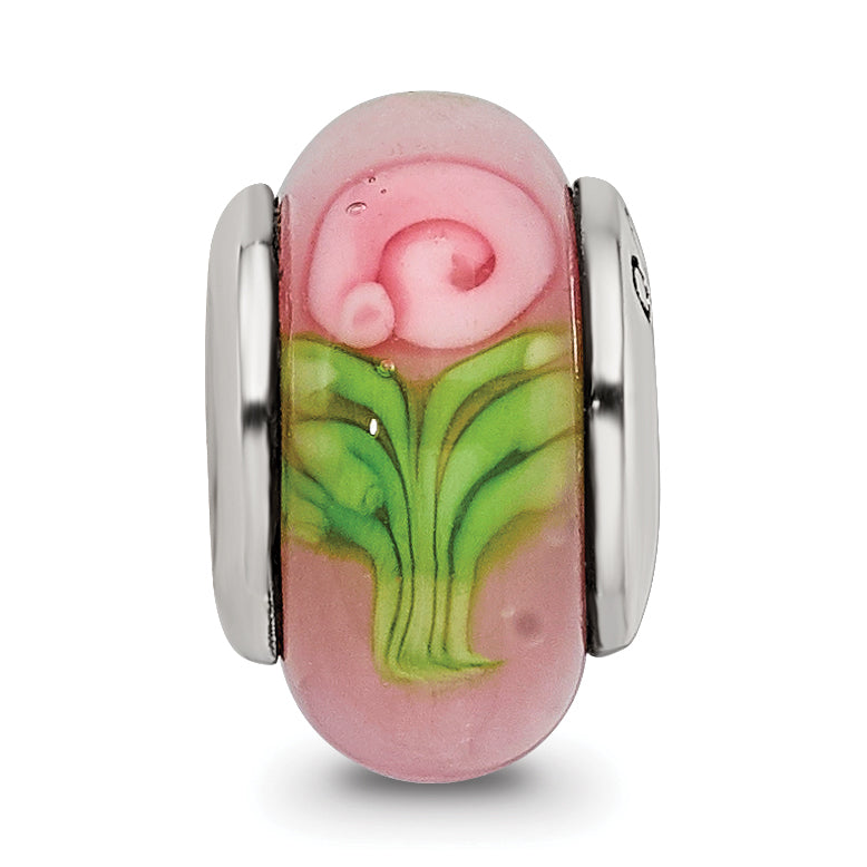 Kids Collection Sterling Silver Hand-blown Pink with Flower Pattern Glass Reflections Bead