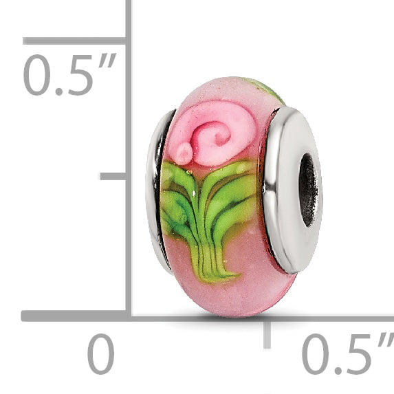 Kids Collection Sterling Silver Hand-blown Pink with Flower Pattern Glass Reflections Bead