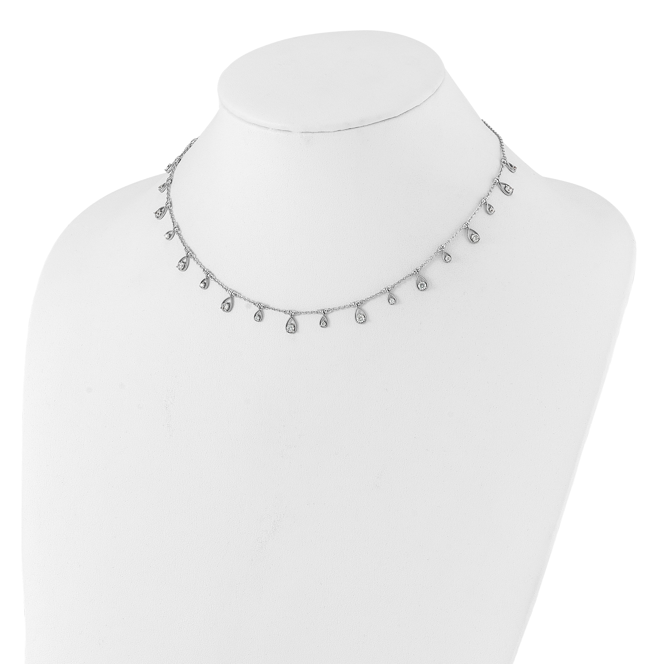 Sterling Shimmer Sterling Silver Rhodium-plated CZ 19 Stone 19 Teardrop Stations 14 inch with 2 inch extender Necklace