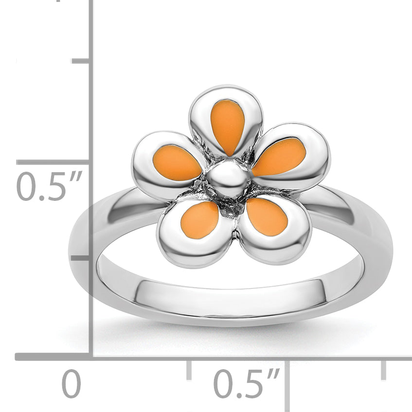 Sterling Silver Stackable Expressions Polished Orange Enameled Flower Ring