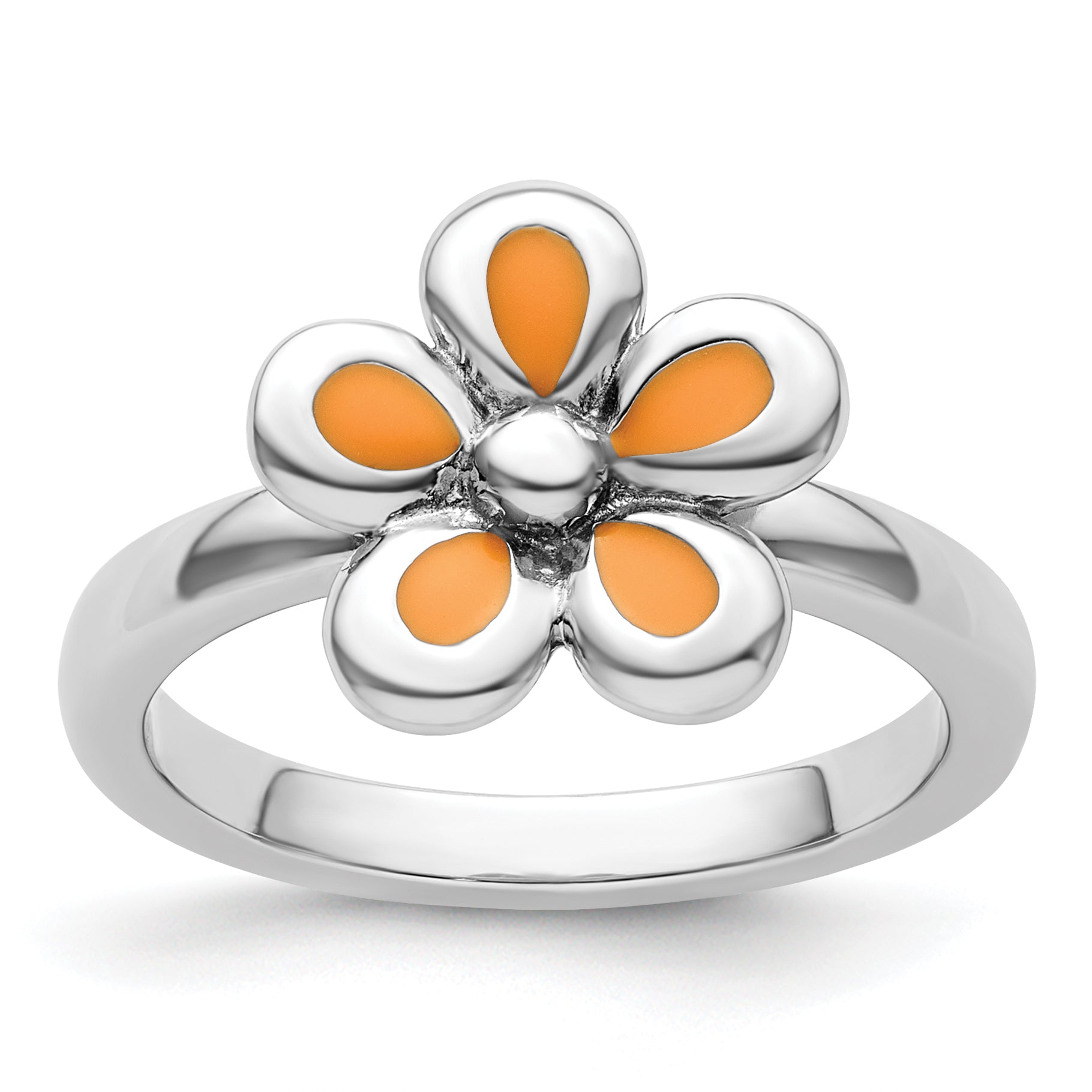 Sterling Silver Stackable Expressions Polished Orange Enameled Flower Ring