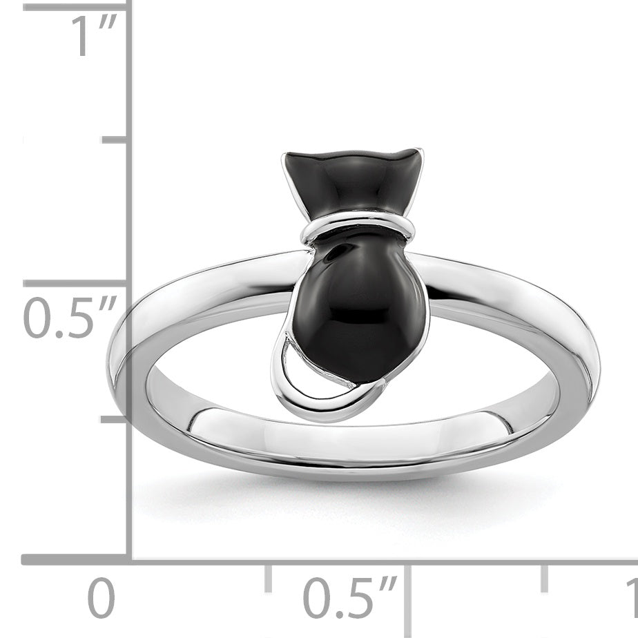 Sterling Silver Stackable Expressions Polished Black Enameled Cat Ring