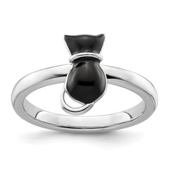 Sterling Silver Stackable Expressions Polished Black Enameled Cat Ring