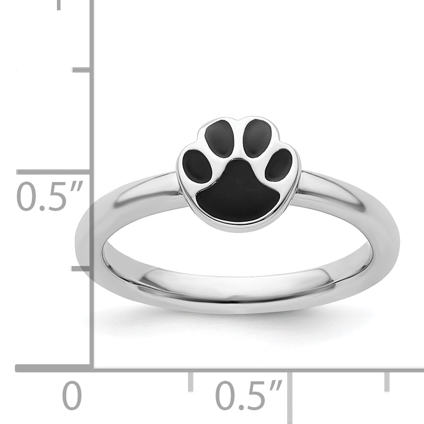 Sterling Silver Stackable Expressions Black Enamel Pawprint Ring