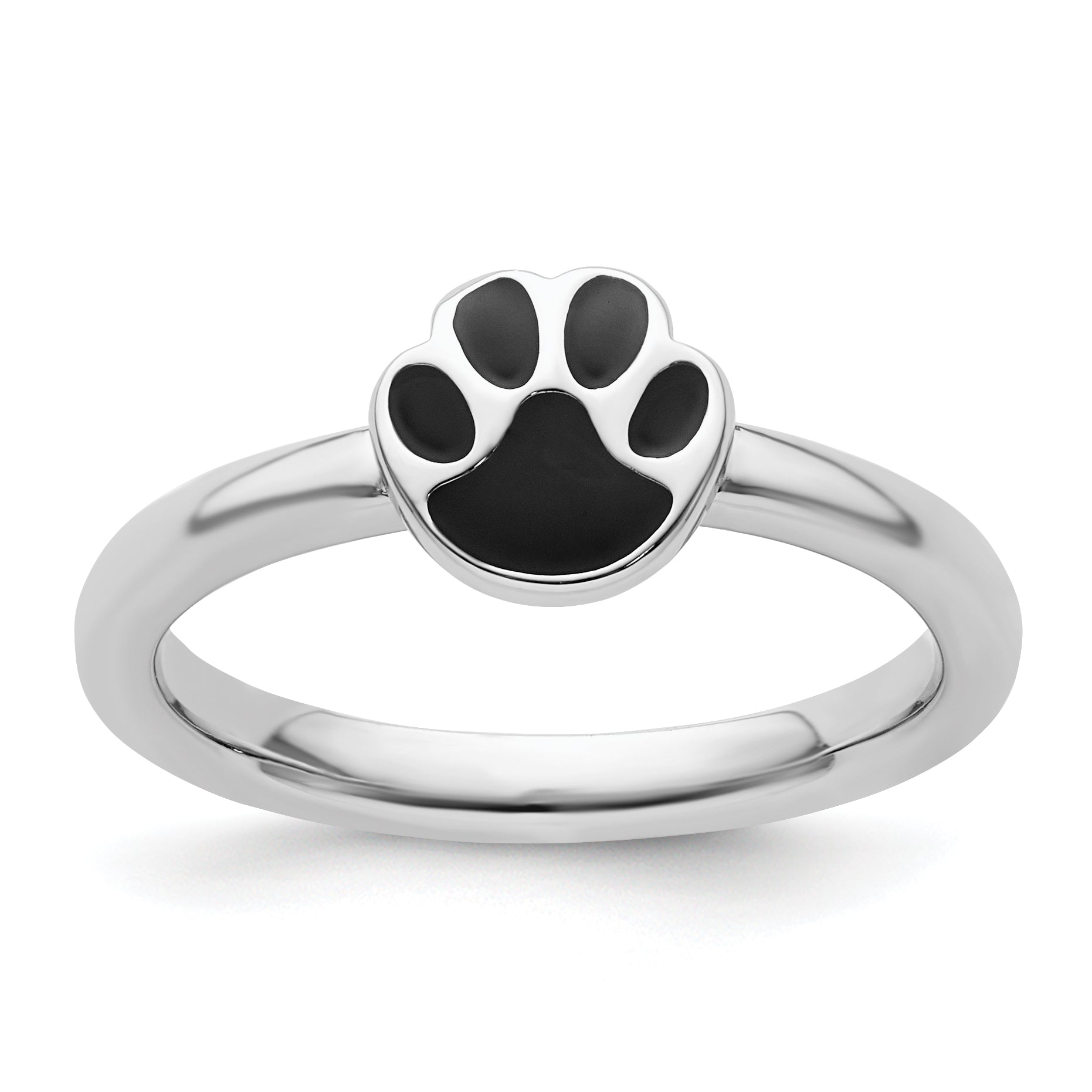 Sterling Silver Stackable Expressions Black Enamel Pawprint Ring