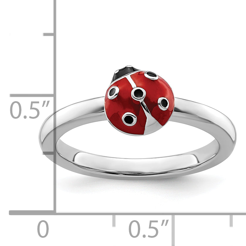 Sterling Silver Stackable Expressions Red/Black Enamel Ladybug Ring